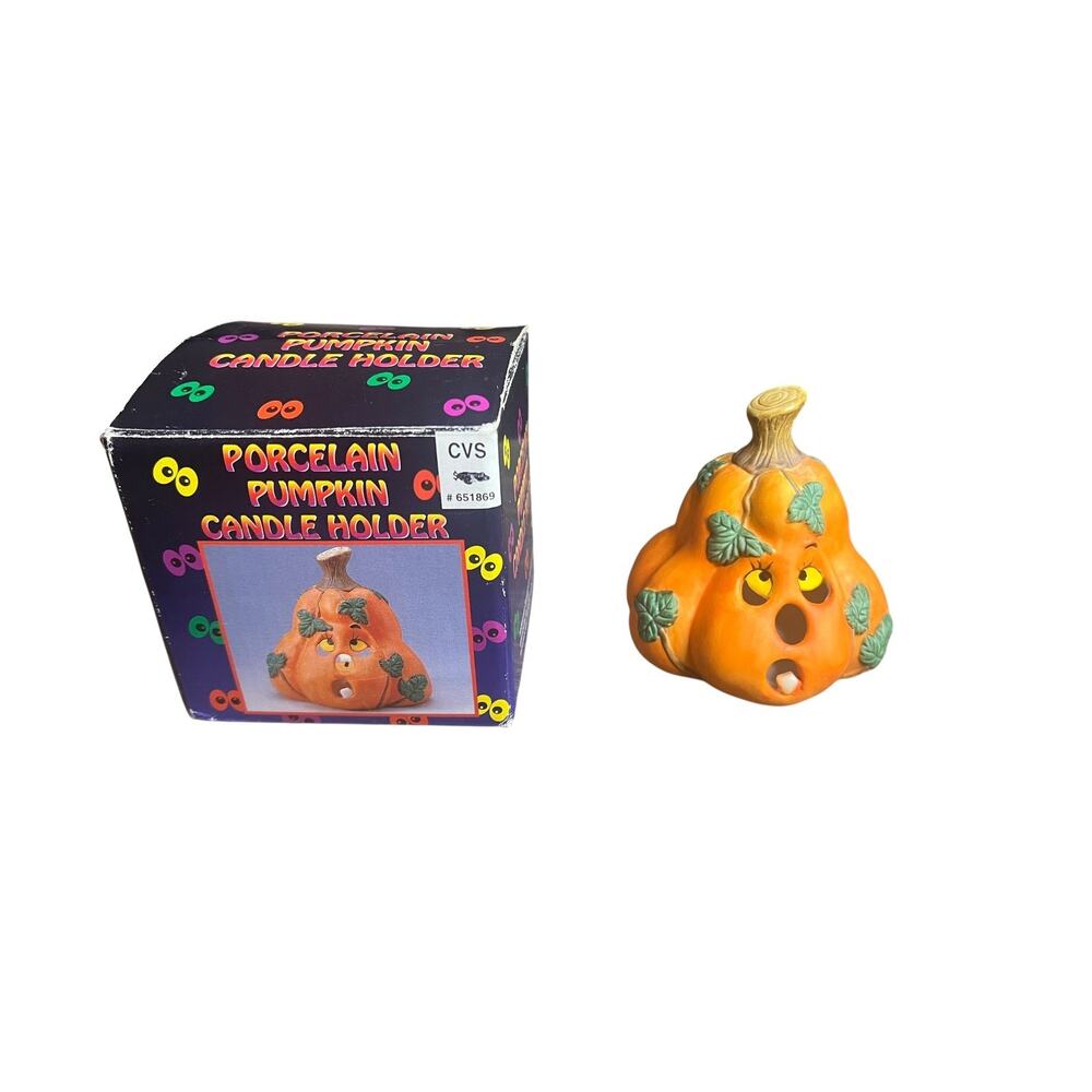 Vtg Porcelain Pumpkin Jack-o-Lantern Candle Holder‎ Halloween Screamers CVS 3.5"